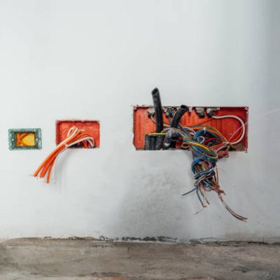 Work in progress on the electrical system of an apartment. Many electric cables.